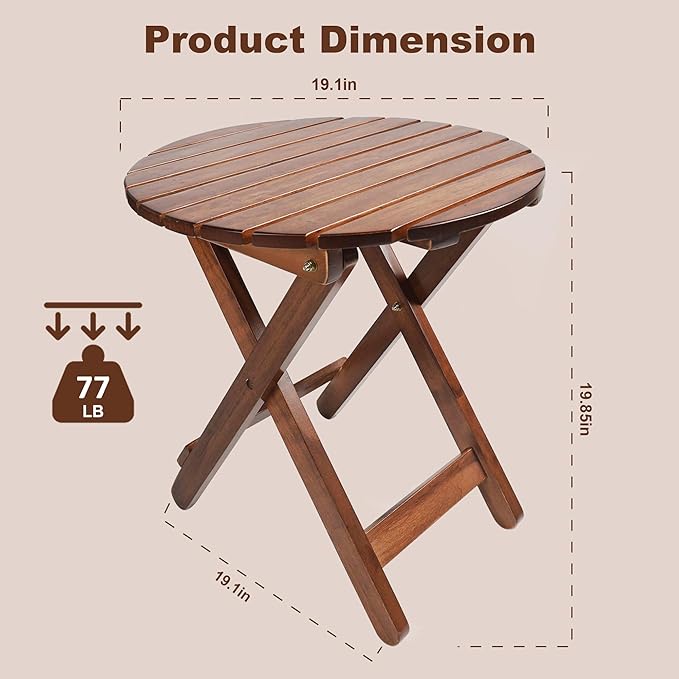 Outdoor Patio Side Table Set of 2 Small Folding Wood Round End Table Coffee Furniture for Living Room, Bedroom, Plant Stand, Camping Portable Brown