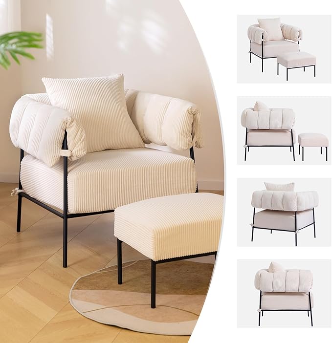 HollyHOME Modern Velvet Accent Chair with Ottoman, Upholstered Comfy Reading Chair and Footstool, Fabric Large Lazy Arm Chair and Stool, Lounge Sofa Chair for Living Room, Bedroom, Beige Chair&Stool