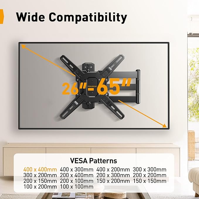 Perlegear Long Arm TV Wall Mount for 26-65 inch TVs up to 100 lbs, Corner TV Mount Bracket with 31.65” Extension, Swivel, Tilt Articulating Arms, Full Motion Wall Mount, Max VESA 400x400mm PGMF25B