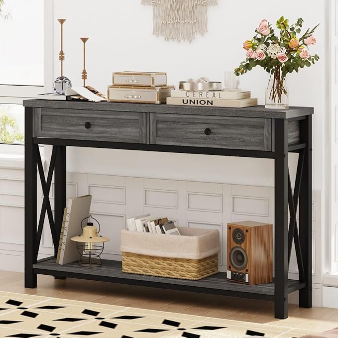 BON AUGURE Sofa Table with Drawers, Console Tables for Entryway, Sofa Table with Storage, Couch Tables for Living Room, Hallway, Foyer, Entry (Dark Grey Oak, 47 Inch)