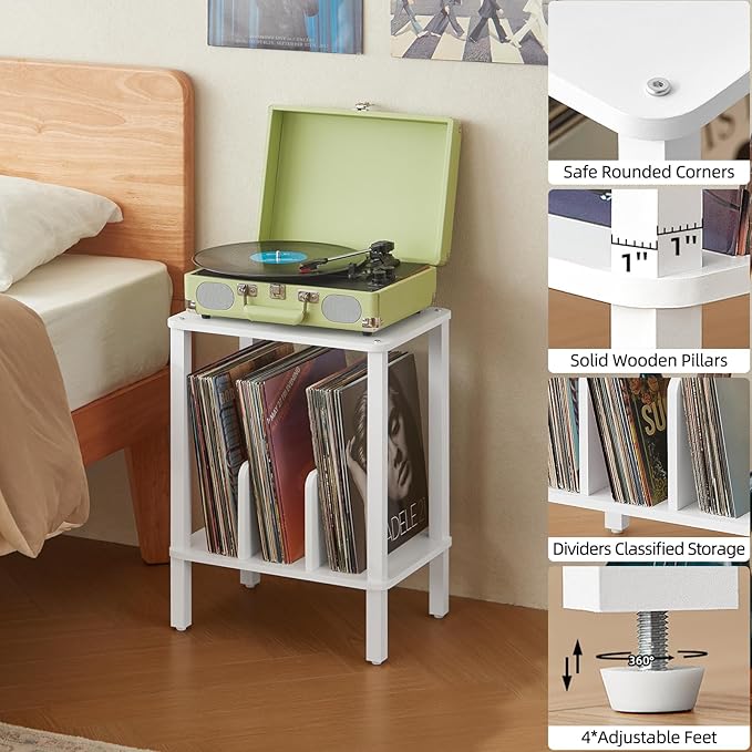 LELELINKY 2-Tier Bamboo Record Player Stand Set of 2 with Vinyl Record Storage up to 100 Albums, Boho Bedroom Record Holder and Multi-Functional End Table for Living Room, White