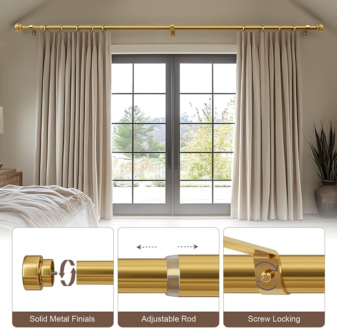 2 Pack Modern Gold Curtain Rods for Windows 28 to 48 Inches Adjustable Length Heavy Duty 1" Diameter Brass Window Curtain Rod with Solid Metal Finials for Outdoor Farmhouse Bedroom Kitchen Living Room