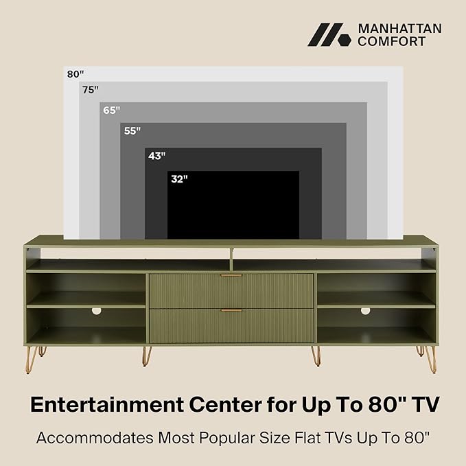 Manhattan Comfort Dumbo Mid Century Modern TV Stand for Televisions up to 80 Inches, Home Entertainment Center with Storage, 6 Shelves, 2 Drawers, No Tool Assembly, 85" Wide, Olive Green