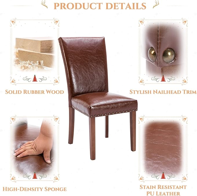 Parsons Dining Chairs Set of 4, Upholstered Nailhead PU Leather Dining Room Kitchen Side Chair with Thick Cushions and Wood Legs, Light Brown