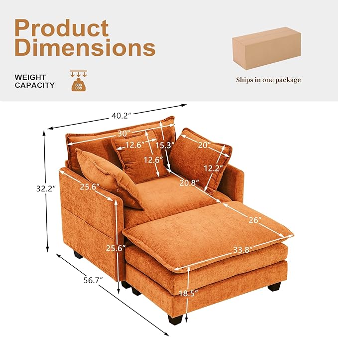 Furniliving Oversized Accent Chair with Ottoman, Luxury Chenille Single Sofa, Upholstered Deep Seat Chaise Lounge with Pillows for Living Room, Bedroom, Apartment, Orange