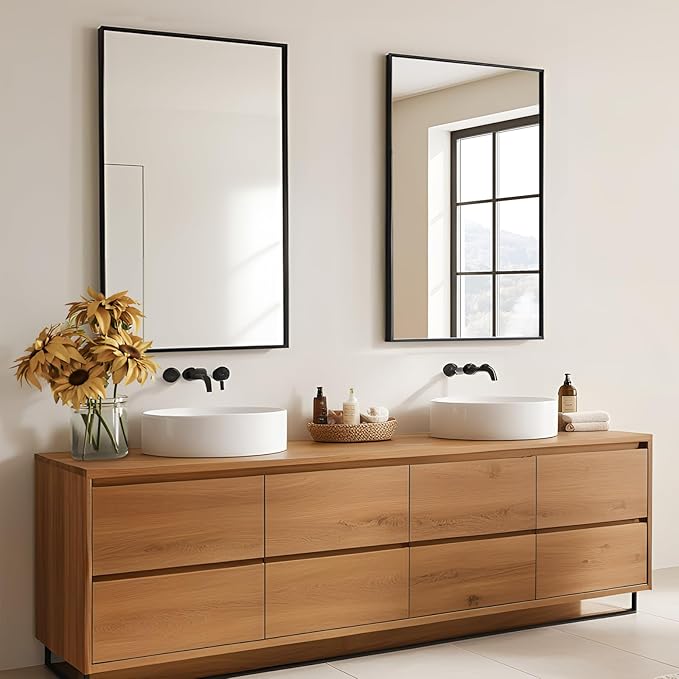 Modern 26"L x 40"W Black Wall Mounted Mirror, Rectangular, Framed, Thickened Stainless Steel Frame, Bathroom Use, Grooming, Home Decor