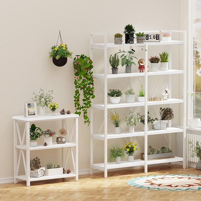 FATORRI Bookshelves and Bookcases, 5 Tier Tall Wood Metal Bookshelf, 51in Wide Bookcase Modern Shelving Unite for Home Office, Living Room, Bedroom (White Oak)
