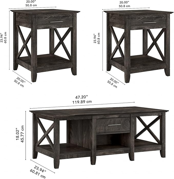 Bush Furniture Key West Coffee Table with Set of 2 End Tables in Dark Gray Hickory