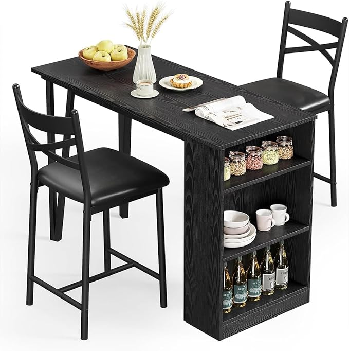 Garvee Bar Table and Chairs Set, 3 Piece Bar Table Set with with Flip Top Extension and Storage Shelves, Dining Table Set for 2, Suitable for Small Space Kitchen Apartment, Black