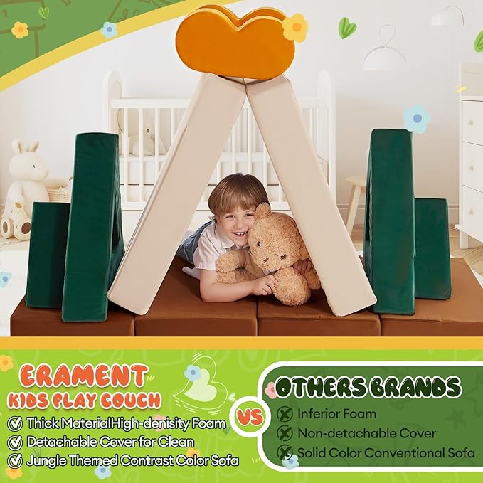 18PCS Modular Kids Play Couch - Junlge Theme Toddler Couch Building Fort, Convertible Sofa Multifunctional Kids Sofa, Toddler Baby Playroom/Bedroom Furniture for Playing, Sleeping