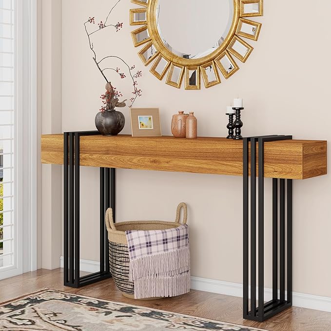 63 Inch Long Console Table, Industrial Sofa Table Behind The Couch Rectangular Entryway Table for Entrance Hallway Living Room, Brown