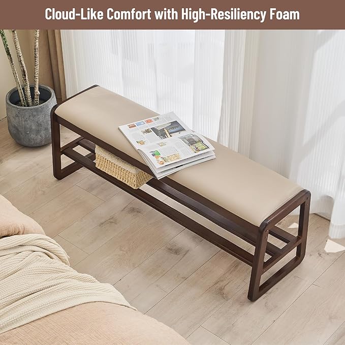 Wooden Shoe Rack Bench - Ottoman Bench with Solid Wood Shelf, Shoe Storage for entryway, end of Bed, Foyer, mudroom