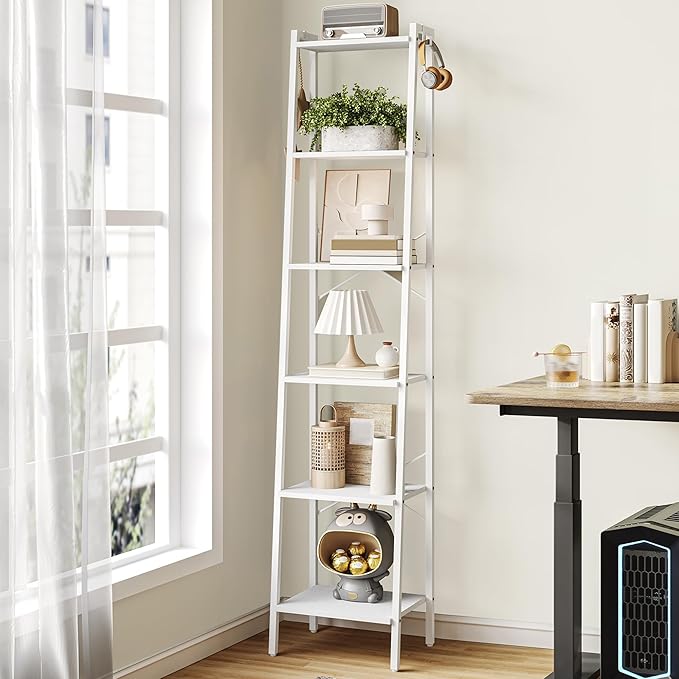 Ladder Shelf, Bookshelf Bookcase, Freestanding Corner Storage Shelve with 2 Hooks for Home Office, Living Room, Kitchen, Bedroom, Industrial, 6-Tier White BC13313W