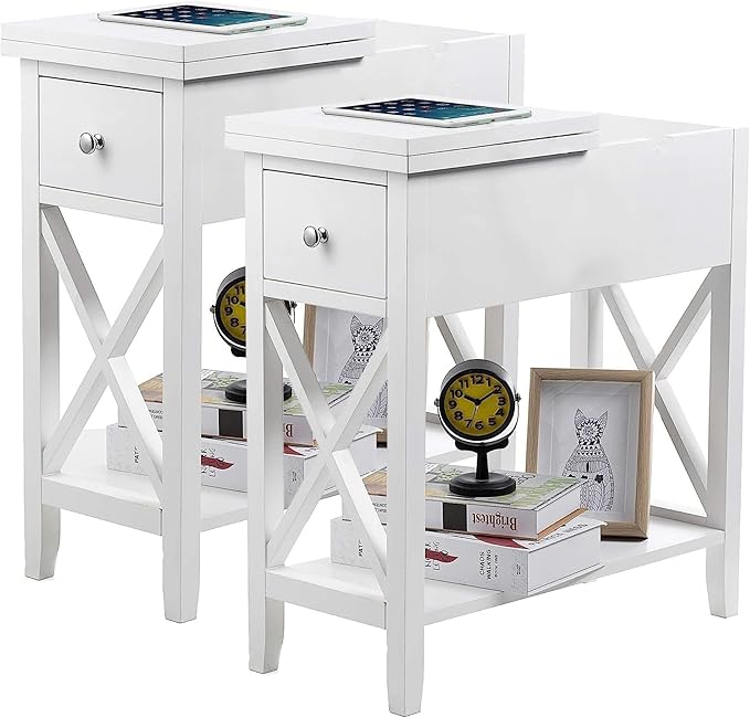 ChooChoo White End Table Set of 2, Flip Top Narrow End Table with Drawer, Accent Small Side Table Nightstand for Living Room, Bedroom, and Small Spaces