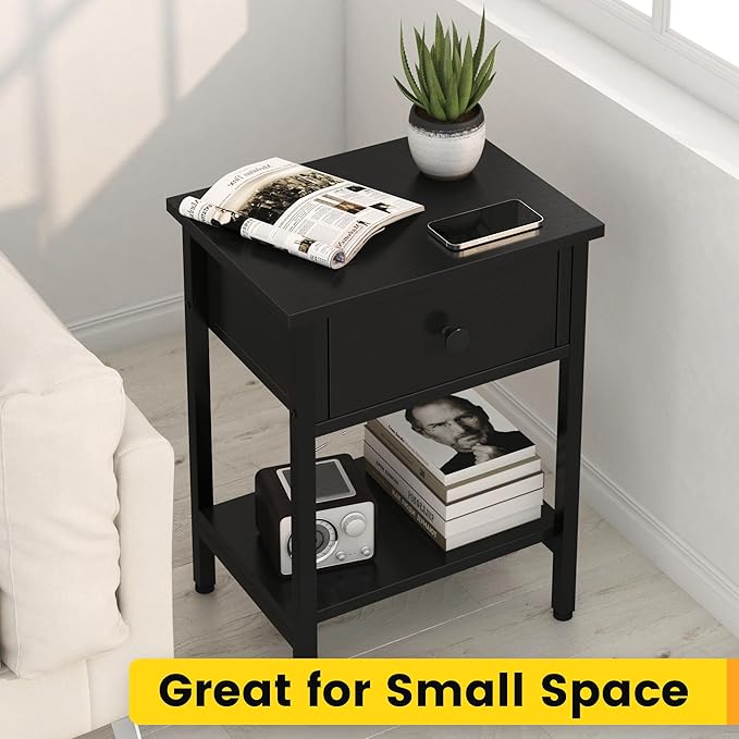 Nightstands Set of 2 with Drawers, Bedside Table Set of 2 with Storage Shelf, Heavy Duty End Side Table for Living Room Bedroom Small Space Sofa Couch, Wood Metal Night Stand, Easy to Assemble, Black