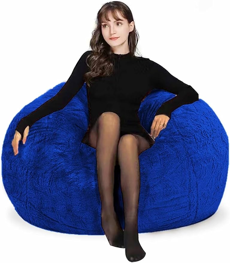 Beanbag Chair Cover for Adults Kids Comfy Fluffy Round Beanbag Lazy Sofa Cover for Reading Chair Floor Chair, 3.5FT, Kerin Blue