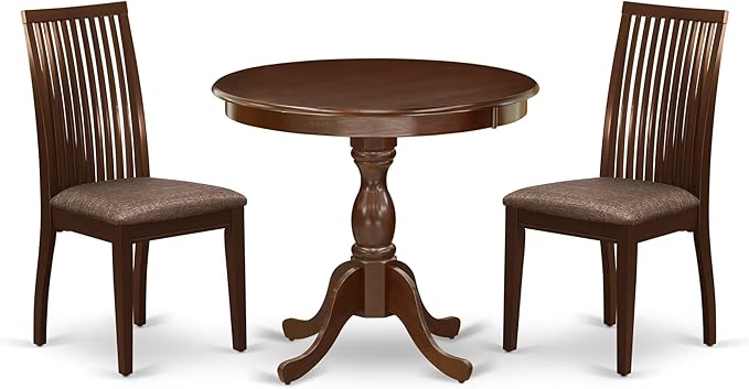 East West Furniture AMIP3-MAH-C 3 Piece Kitchen Table & Chairs Set Contains a Round Dining Room Table with Pedestal and 2 Linen Fabric Upholstered Chairs, 36x36 Inch, Mahogany