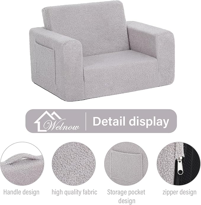 Welnow Toddler Chair, 2-in-1 Soft Sherpa Kids Sofa, Convertible Toddler Couch Lounger, Flip Out Kids Couch Chair with Side Pockets & Removable Cover for Girls and Boys, Grey