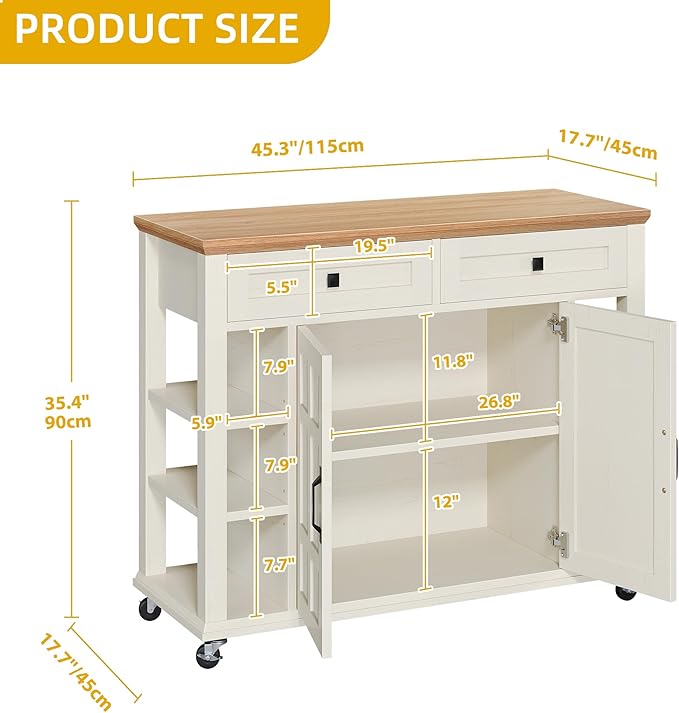 DWVO Kitchen Island with Storage Cabinet, Farmhouse Rolling Island Table on Wheels, Americana Mobile Storage Islands with Open Shelves, Drawers for Living Room, Dining Room, Off White
