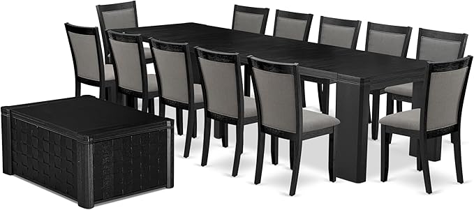 X12MZ-0C6-50 - 14-Pc Dining Room Table Set a Rectangular Table with a coffee table and 12 Dark Gotham Grey Linen Fabric Dining Chair, 39x120 Inch, Wire Brushed Black