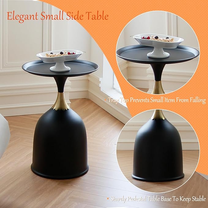 Small Round Pedestal Side Table for Small Spaces, Modern Black Couch End Tables Living Room Corner Drink Table, Unique Circle Metal Accent Martini Tables for Sofa, Recliner, Bedroom