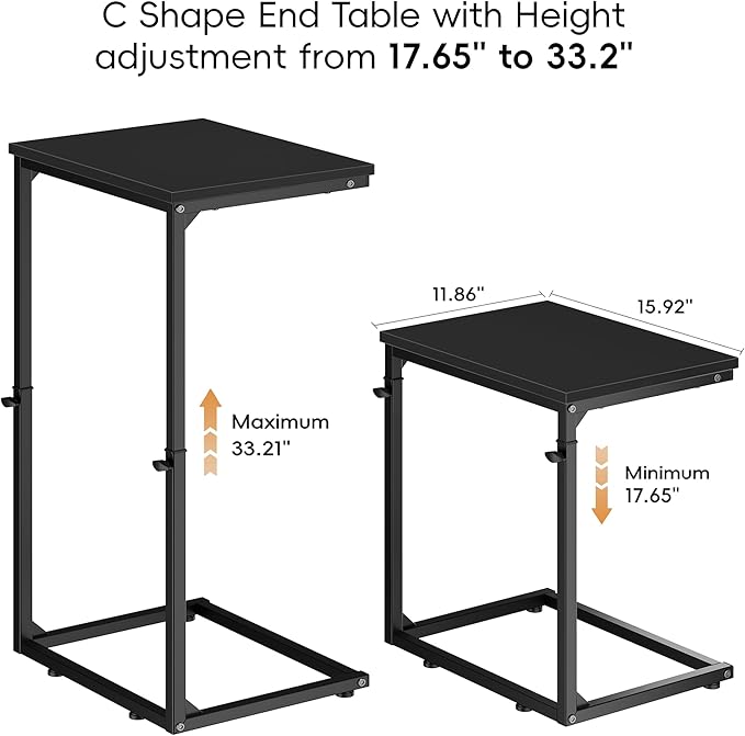 Vagusicc C Shaped End Table for Couch, 33.2'' Extra Tall C Table Adjustable Height Side Table, Small Side Table for Small Spaces, Couch Tables That Slide Under, Tv Tray Table for Living Room, Black