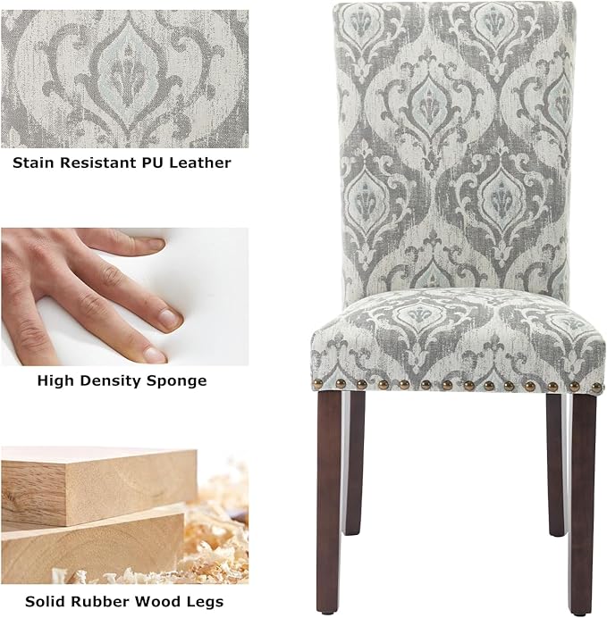 COLAMY Upholstered Parsons Dining Chairs Set of 6, Fabric Dining Room Kitchen Side Chair with Nailhead Trim and Wood Legs - Grey/White Flower