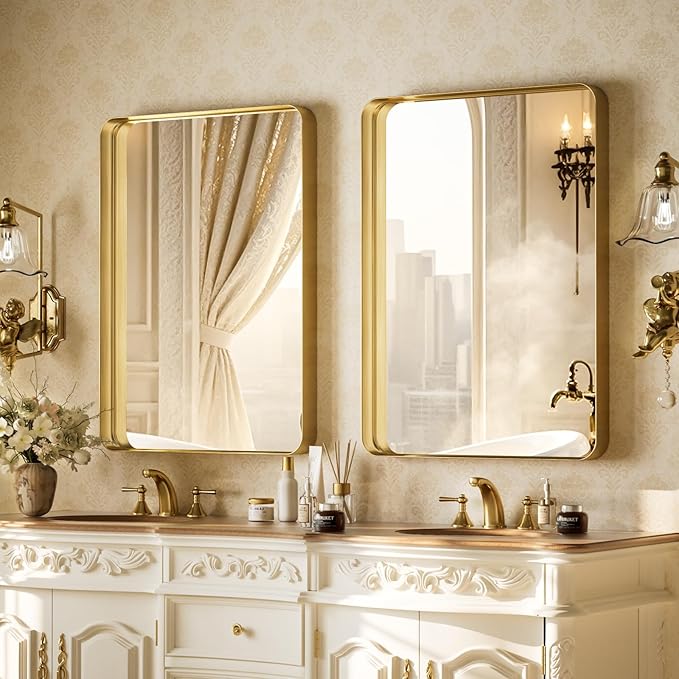 Bathroom Mirror 24x32 inch, Gold Gorgeous Deep Frame Wall Mirror, Modern Round Corner Bathroom Vanity Mirror for Bedroom, Living Room, Hanging or Leaning Horizontal or Vertical, Gold