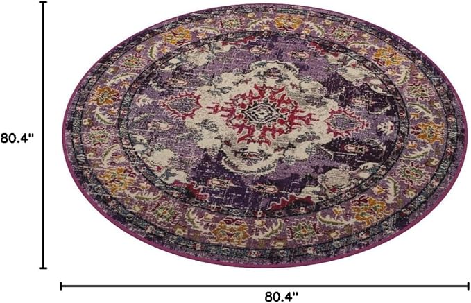 SAFAVIEH Monaco Collection Area Rug - 6'7" Round, Violet & Fuchsia, Boho Chic Medallion Distressed Design, Non-Shedding & Easy Care, Ideal for High Traffic Areas in Living Room, Bedroom (MNC243P)