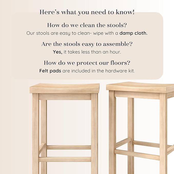 Grain & Grove Smith Collection Set of 2 Solid Wood Bar Stools, 30 inch Saddle-Seat Bar Chairs, Backless, Heavy-Duty Construction, Footrest Support, for Kitchen Islands, Home Bars, and Counters, Blonde