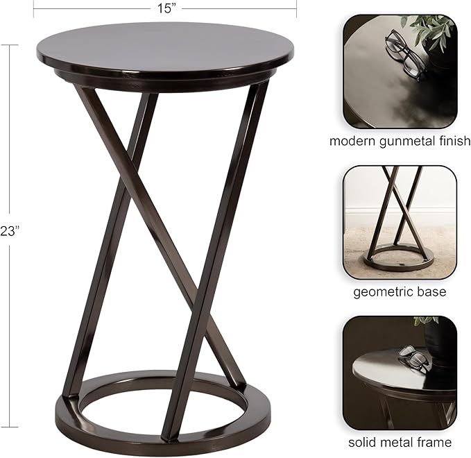 Kate and Laurel Aja Modern Metal Round Side Table; 15 x 15 x 23; Gray Gunmetal; Decorative Geometric End Table with Unique Slanted Legs for Use as Bedroom Nightstand or Living Room Indoor Plant Stand
