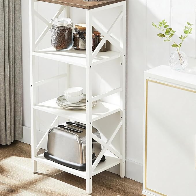 Small Bookshelf,4 Tier Industrial Bookcase with Metal Frame and Backboard,Narrow White Book Shelf,Book case for Small Spaces,Living Room,Bedroom and Home Office