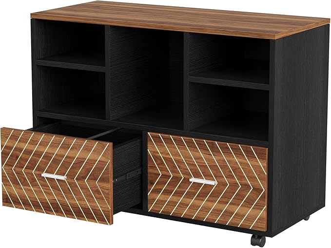Tribesigns 2-Drawer Wood File Cabinet, Mobile Lateral Filing Cabinet for Hanging Letter Size Files, Printer Stand with Open Storage Shelves for Home Office (Walnut & Black)