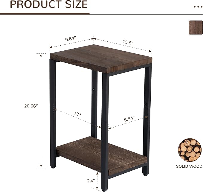 Real Solid Wood End Tables, Side Tables, Small Table with 2-Tier Storage Shelf, Nightstand for Living Room, Bedroom, Office, Bathroom