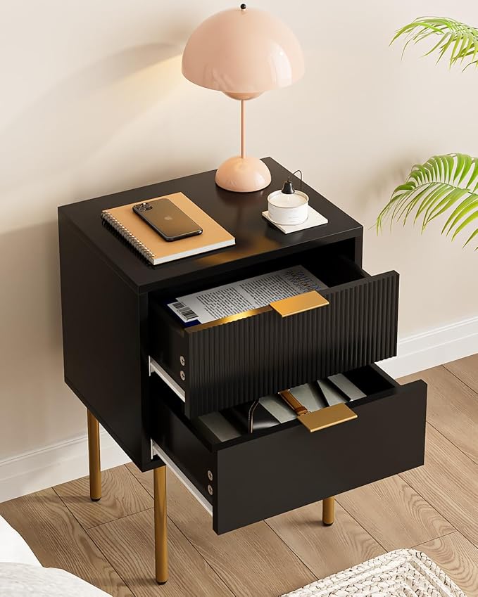 Nightstand,Small Bedside Table with Gold Frame,Morden Night Stand with 2 Drawer,End Table,Side Table with Drawer and Shelf for Bedroom,Living Room, Black