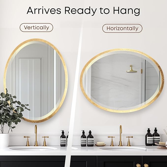 OVALCREST - Oval Wooden Beveled Wall Mirror for Home Decor, Bathroom, Vanity, Bedroom, Living Room, Hallway - London Style (Gold Leaf) 23.1 x 29.1