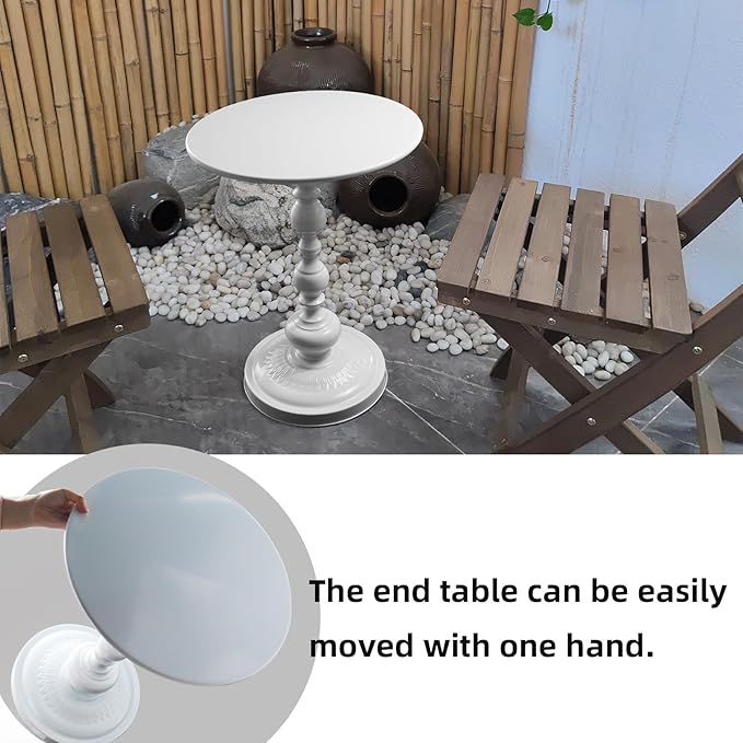 Benkyo White Round End Side Table Modern Metal Pedestal Spindle Side Tables for Living Room Bedroom，White