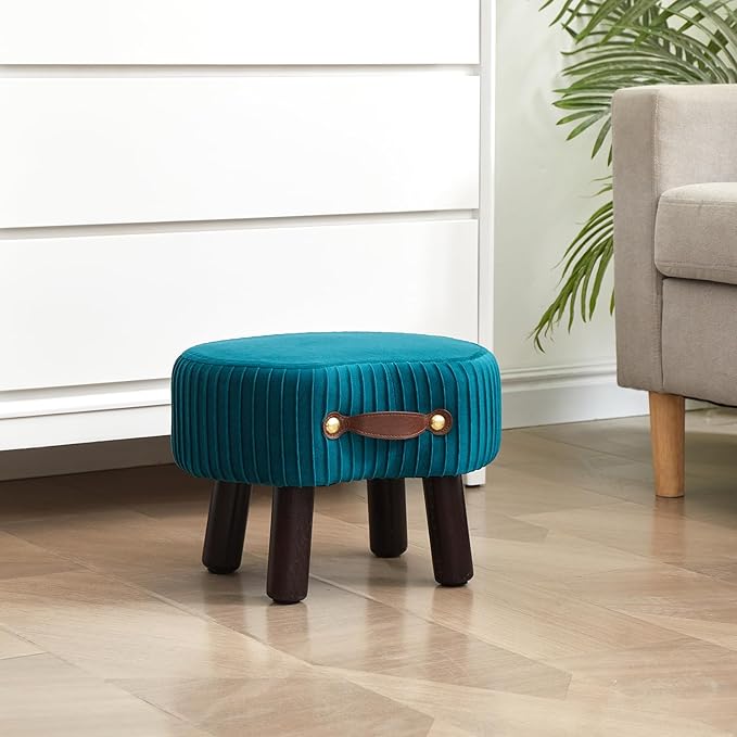 Small Footstool with Handle, Velvet Ottoman Foot Rest with Padded Seat, Curved Foot Stool with Wooden Legs, Portable Foot Rest for Living Room, Bedroom, Entryway, Peacock Blue