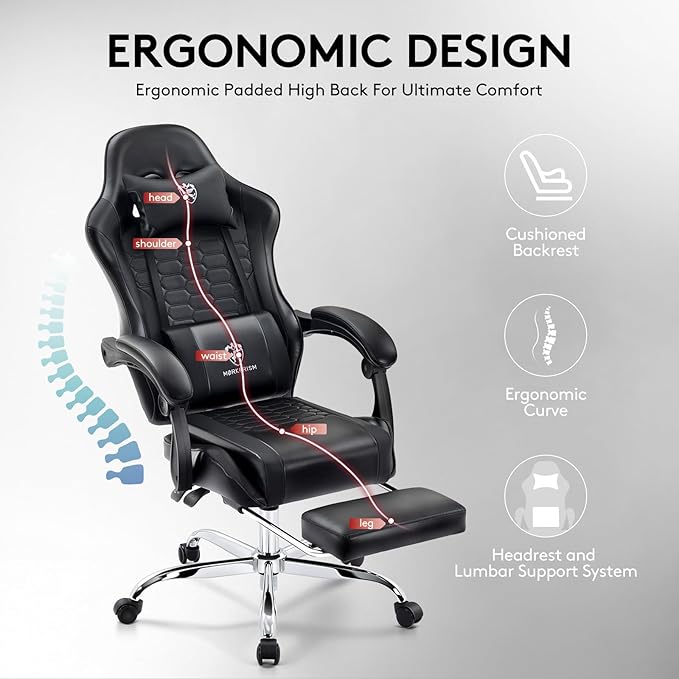 Gaming Chair,Computer Office Chair with Footrest,Massage Lumbar Support and Gel Pad,Ergonomic Reclining Adjustable Leather Gamer Chair with Headrest and Spring Cushion Black