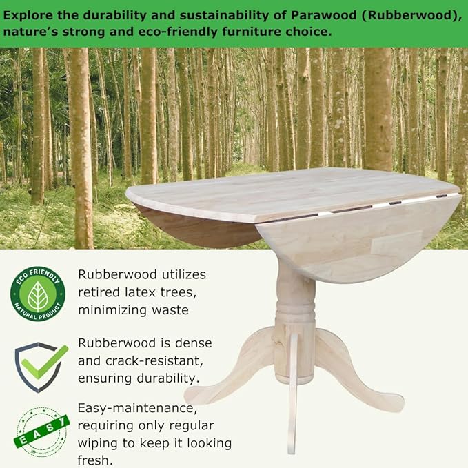 IC International Concepts, Round Dual Drop Leaf Pedestal Dining Table, Solid Real Wood, Sturdy Parawood, Dimensions 42"D x 42"W x 29.5"H, 40lbs Capacity, Paint/Stain Ready, Unfinished