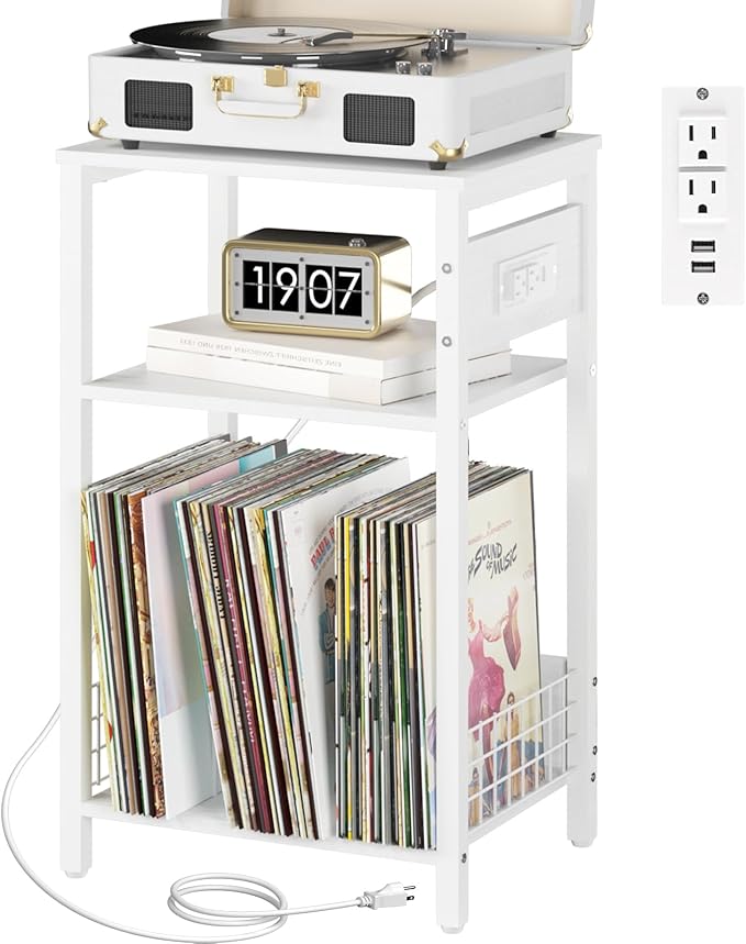 Yoobure Record Player Stand, 3-Tier White Side Table with Charging Station, Small End Table Record Holder with Vinyl Storage, Beside Tables Turntable Stand for Album CD, Night Stand for Living Room