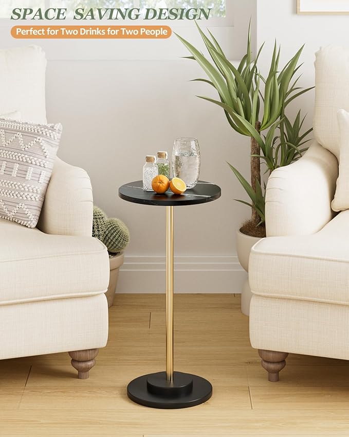 Round Side Table, Small Drink Table for Small Spaces, Modern Accent End Table Coffee Table with Metal Leg for Living Room, Bedroom, Corners, and Office (Black Marble)