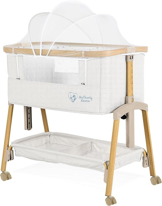 Baby Bassinet Bedside Sleeper, Portable Crib for Newborns, Adjustable 7-Height Auto-Lock, with Wheels, Soft Mattress & Breathable Mesh (White - with Mosquito Net)