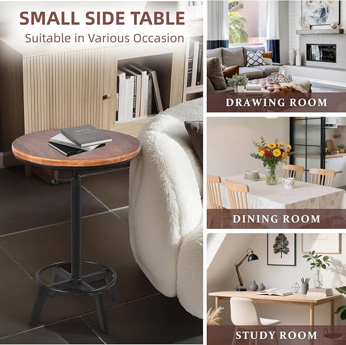 Vintage Bar Table 30-35.4inch Height Adjustable Industrial Bistro Table Retro Dinning Table for Kitchen Coffee House Pub Swivel Wooden Top