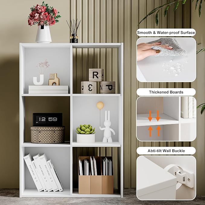 Sweetcrispy 6 Cube Storage Organizer - Open Cube Bookshelf with 3 Removable Back Panels, Display Storage Bookcase for Living Room, Bedroom, Entrance Hall, Home Office，36" L×11.6" W×24" H, White