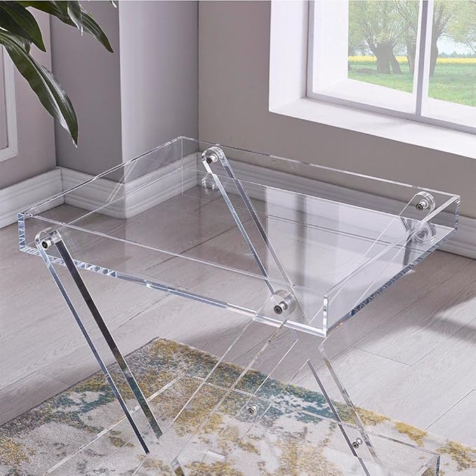 LIKENOW Furniture Acrylic Rectangular Tray Table with 2-Tier Storage,Clear,Modern,Assemble,20x18inch,High 24 Inch,16.5 LBS