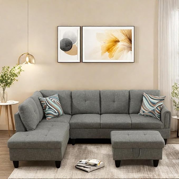 L Shaped Sectional Couches, Lounge Modular Sectional Sofa for Living Room Bedroom Furniture, Comfortable 4 Seat Couch with Ottoman Storage & Chaise, Grey
