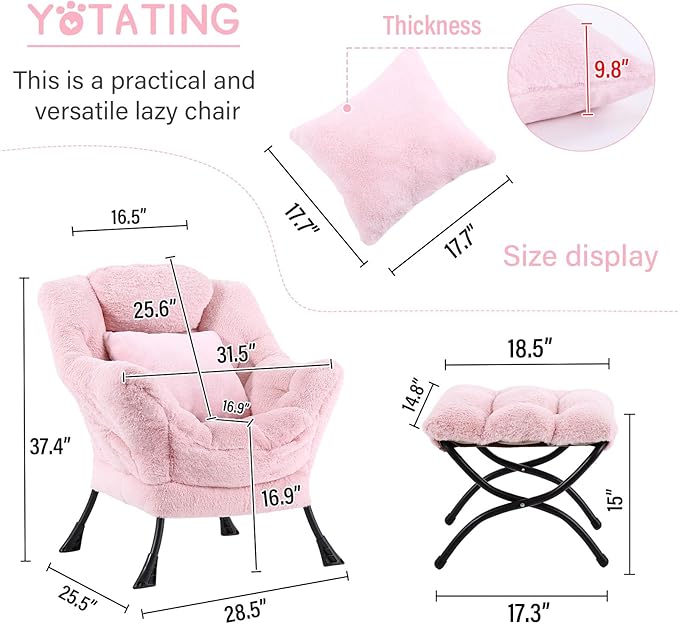 Lazy Chair with Ottoman, Comfy Reading Lounge Chair with Footstool & Throw Pillow Modern with Armrests & Side Pocket for Living Room, Bedroom, Dorm Room, Plush Pink