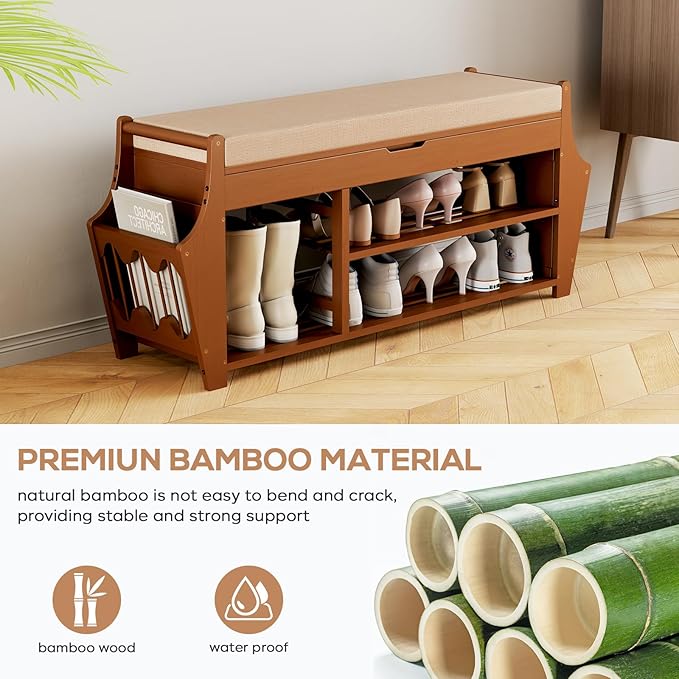 47.2in Shoe Bench Entryway - Bamboo Shoe Rack Bench with Storage, Shoe Rack Organizer with Cushion, 2 Side Holder, Holds Up tp 330lbs for Front Door Entrance, Living Room