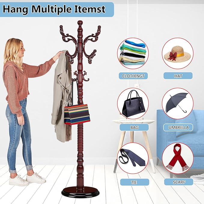 Solid Wood Coat Rack, Coat Racks Free Standing with 14 Hooks, Vintage Coat Rack with Stable Disc Base, Adjustable Height 73 in for Porch, Living Room, Bedroom, Office (Redwood Color)